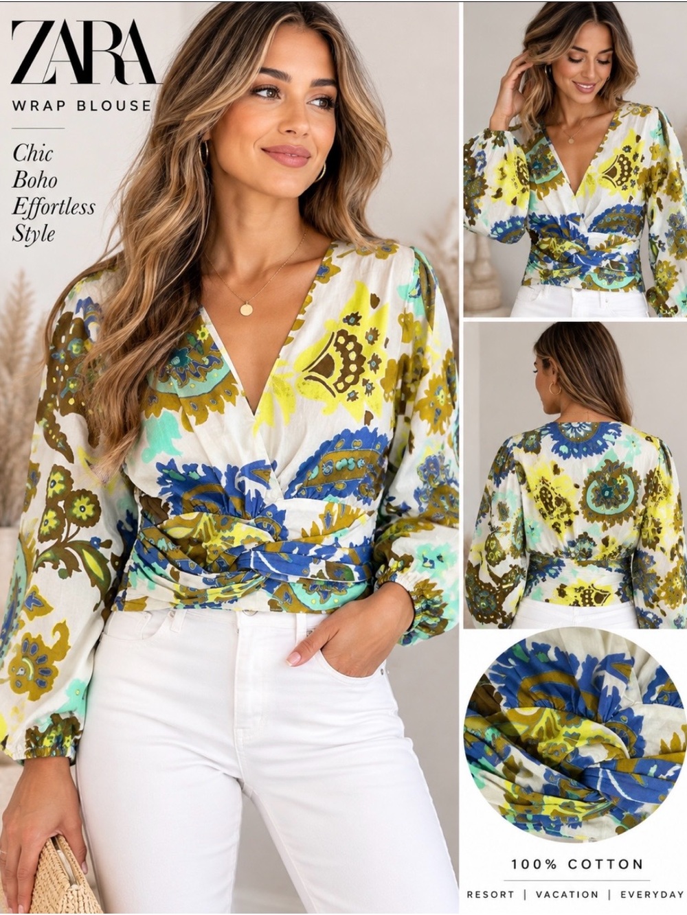 Zara Floral Paisley Wrap Top Size Small Balloon Sleeve Tie Waist Boho Coastal